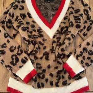 Lulu's Tan Leopard V-Neck Sweater with Red and Cream Accents